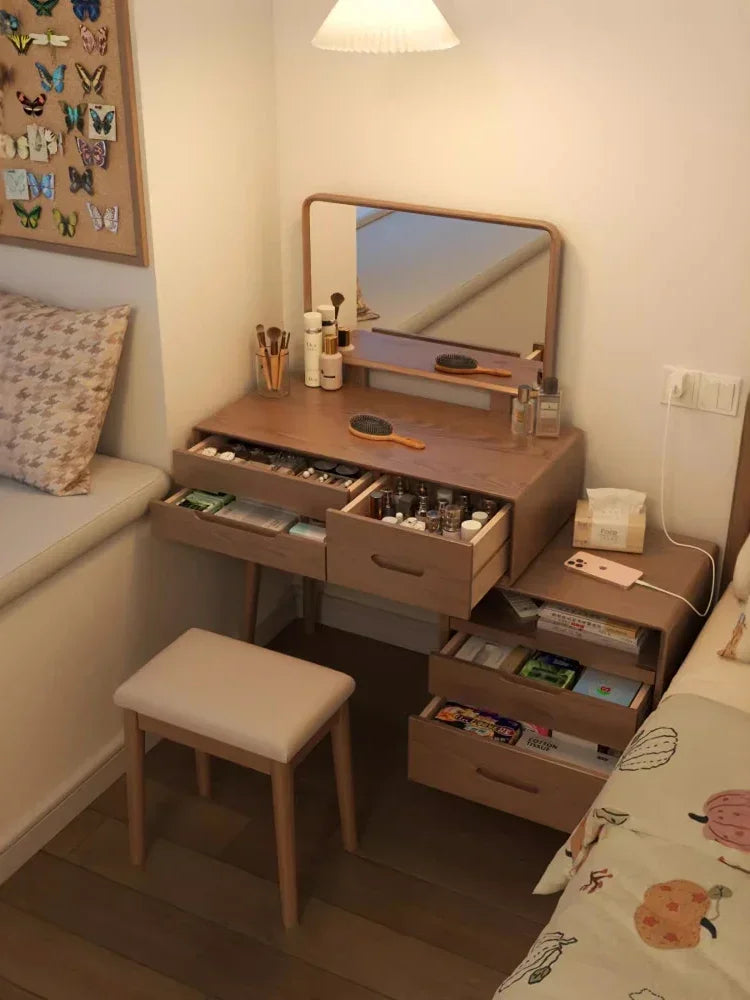 Shangxin Pavilion Retractable Dresser Bedroom Simple Modern Bedside Table Makeup Table Integrated Storage Cabinet Solid Wood