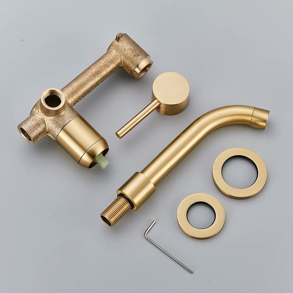 Bathroom Basin Faucet Brushed Golden Concealed Wall Mounted Faucet Tap 360 Rotation Single Handle Hot Cold Water Bath Mixer Tap