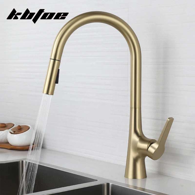 Brushed Gold Pull Out Kitchen Faucet Deck Mounted Stream Sprayer Hot and Cold Water Wash Sink Mixer Tap Brass 360 Rotation Crane