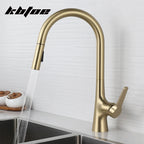 Brushed Gold Pull Out Kitchen Faucet Deck Mounted Stream Sprayer Hot and Cold Water Wash Sink Mixer Tap Brass 360 Rotation Crane