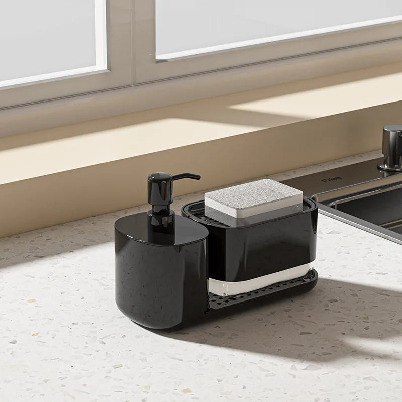 Kitchen countertop, detergent outlet box, sink, hand sanitizer outlet box, press soap dispenser, kitchen storage rack