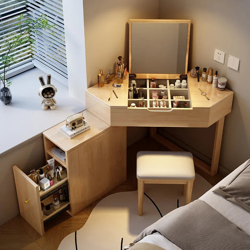 Corner Dressing Makeup Vanity Table with Mirror, Wood Vanity Set with Cabinet Retractable Dresser with Lots Storage for Bedroom