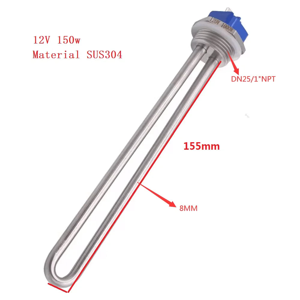12V/24V DC Immersion Water Heater Submersible Heating Element with 1 Inch NPT Thread  Tubular Heater 150W/300W /600W SUS304