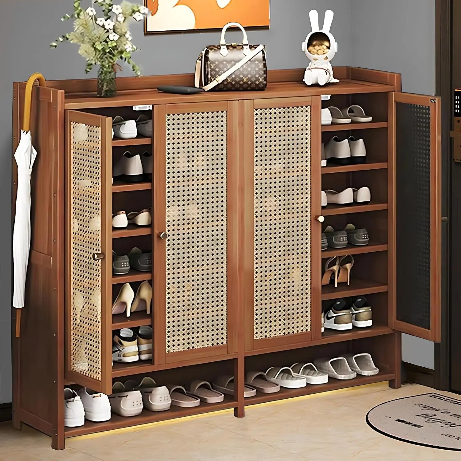 8 Tier Bamboo Shoe Storage Cabinet with Doors, 38-42 Pairs Shoe Rack for Closet, Rattan Storage Cabinet with Doors for Hallway L