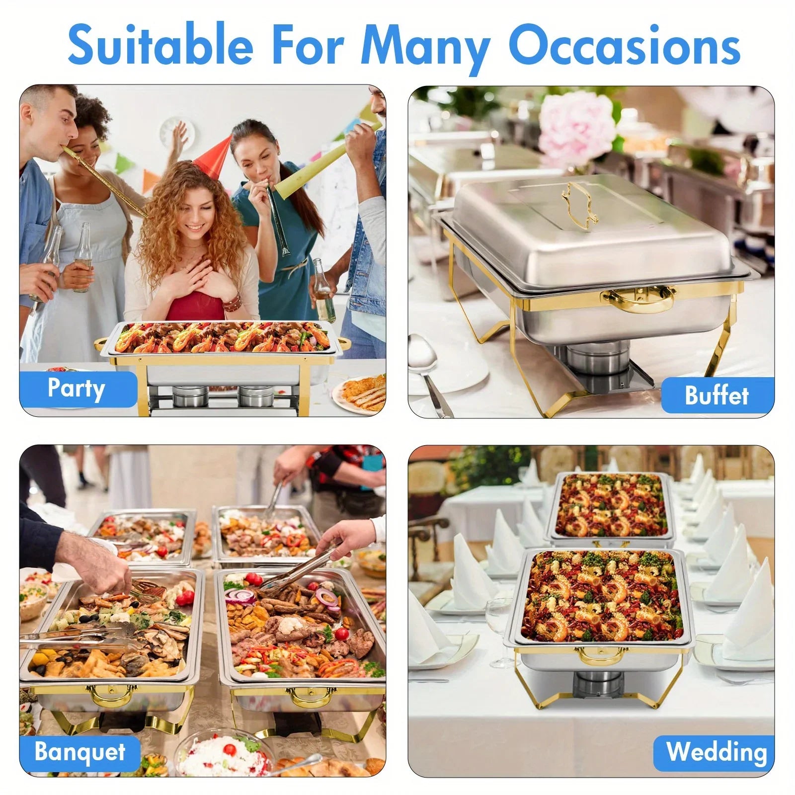 4 Pack 8QT Stainless Steel Chafing Dish Buffet Set with Fuel Holders for Catering & Parties