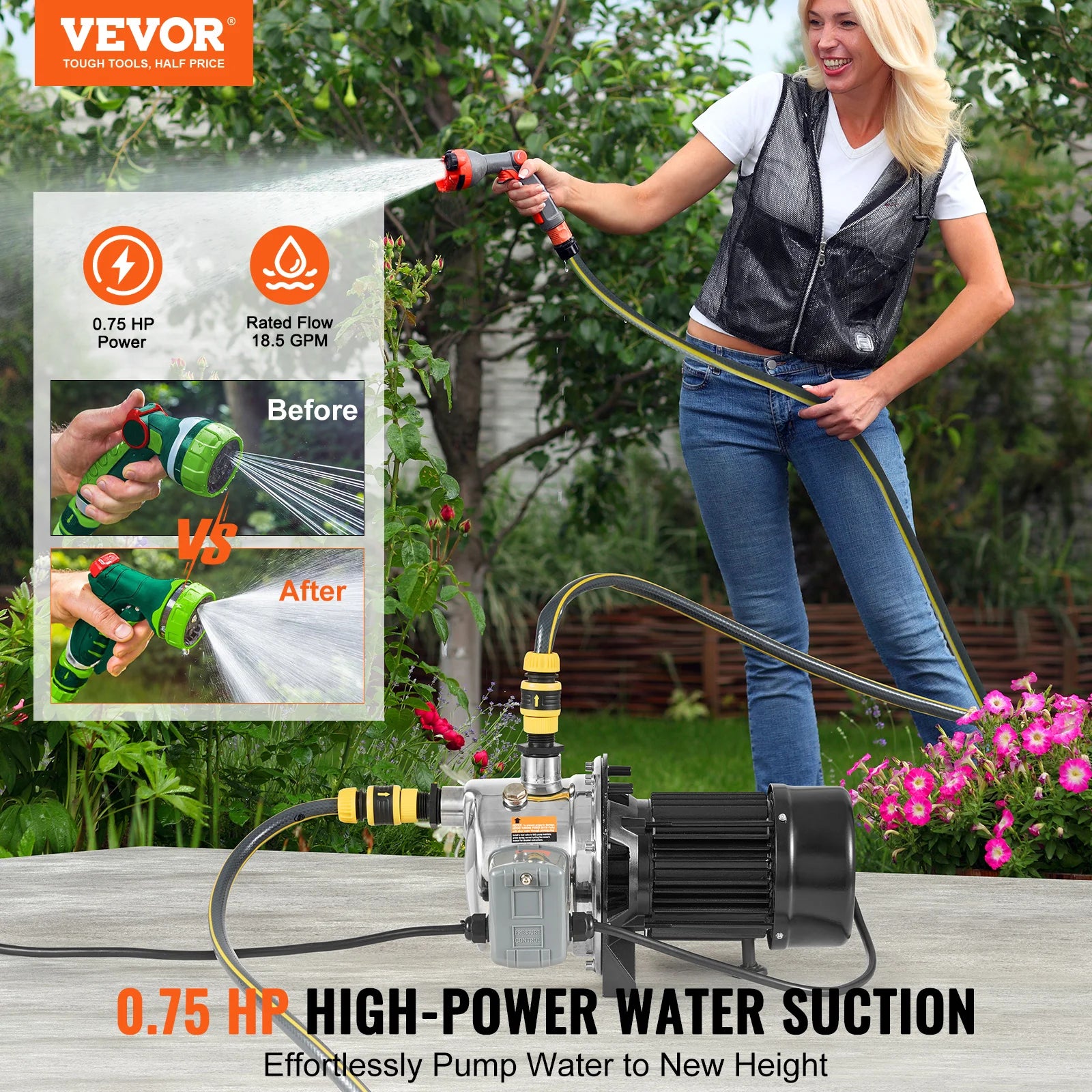 VEVOR Shallow Well Jet Pump 115 Volt Cast Iron / Stainless Steel Irrigation Water Pump for Agricultural Garden Irrigation System