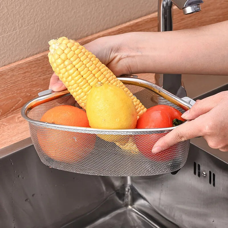 Kitchen Sink Strainer Basket, Stainless Steel Triangular Sink Strainer Corner Sink Rack Collect Food Scraps Washing Basket