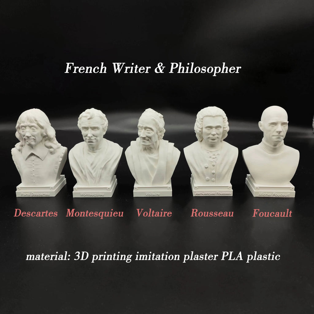 French writer philosopher ornaments Descartes, Montesquieu, Foucault, Voltaire and Rousseau imitation plaster statues  souvenirs