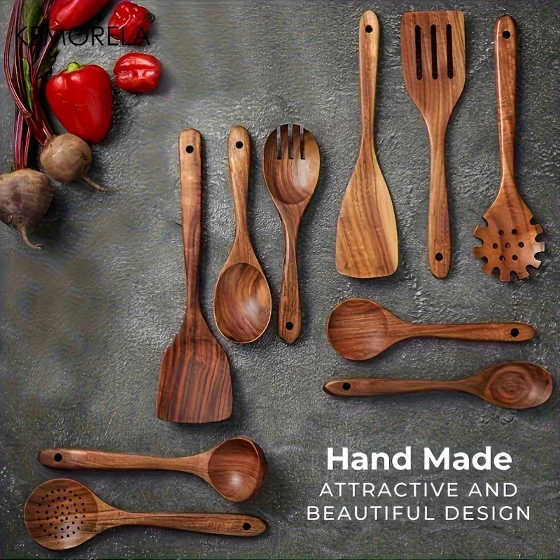 10PCS Natural Wooden Cooking Utensils Kit - Spoons Ladles for Salad Soup Noodles - Kitchen Utensils