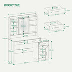 Dressing Table, Large Table Top with Mirror, 3 Drawers and 1 Cabinet, Open Multi-Level Shelves, for Bedroom, Wardrobe, White