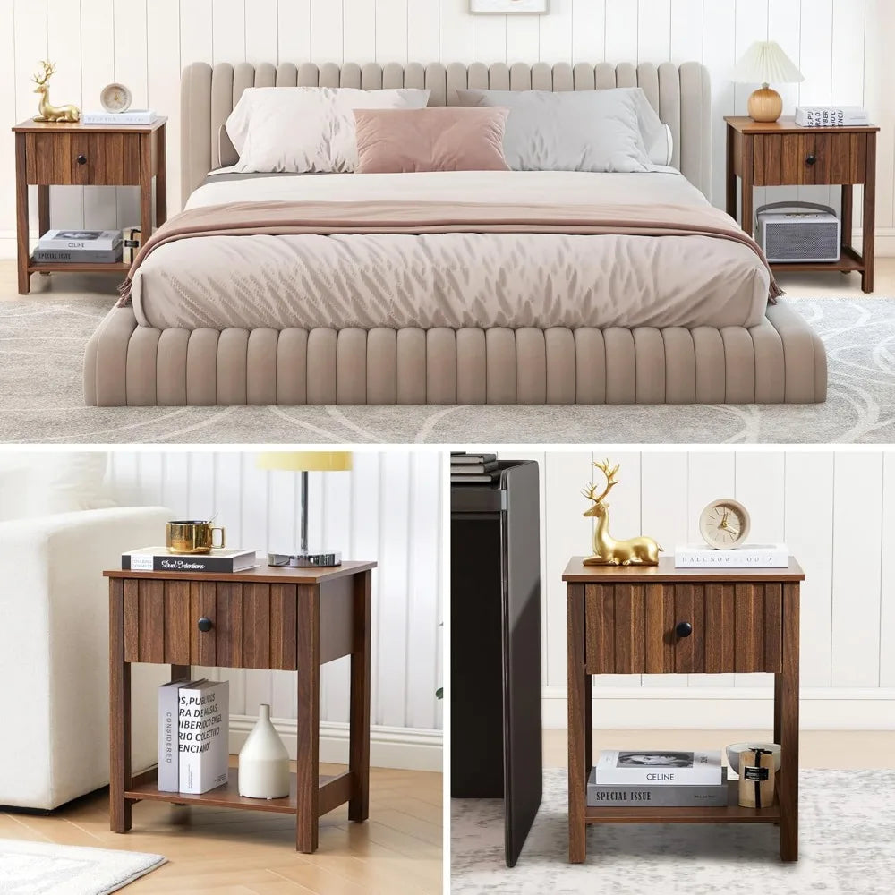 Wood Nightstand, 21.65" H Bedside Table with Wide Fluted Finish, Modern Night Stands with Drawer, Mid Century End Table