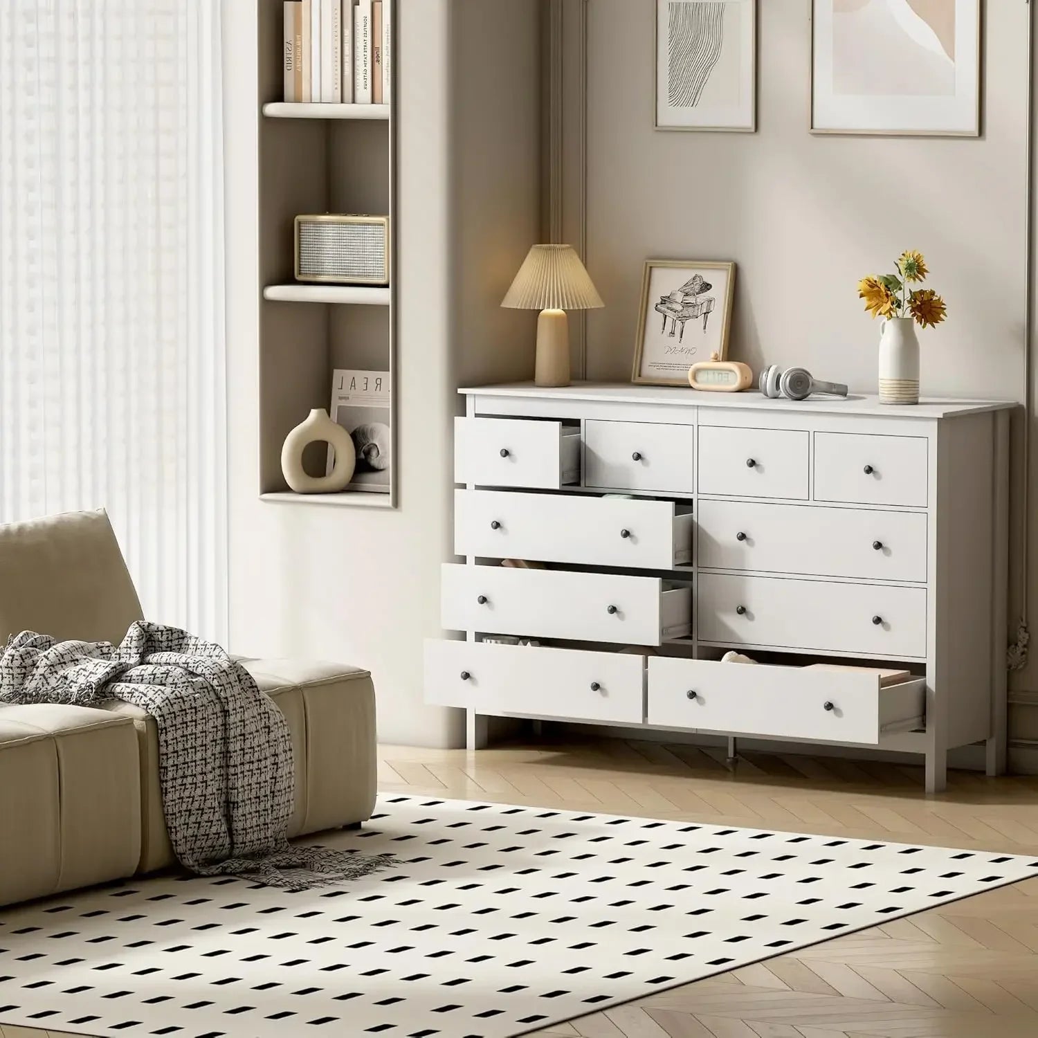 10 Drawer Dresser, 55" Modern White Dressers and Chests of Drawers