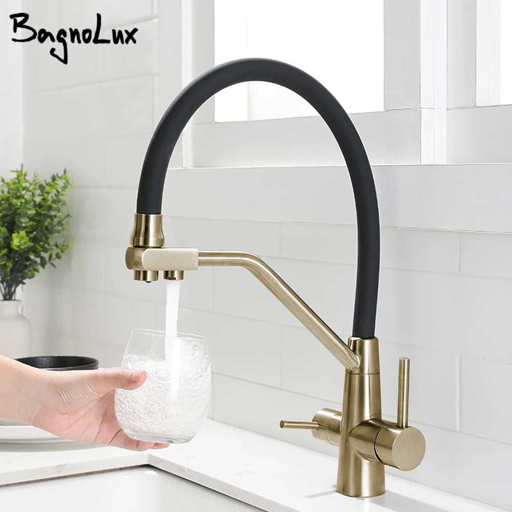 Pull Out Kitchen Faucet Double Handle Single Hole Mixer Tap Hot And Cold With Filter Water Brushed Gold Alba Black
