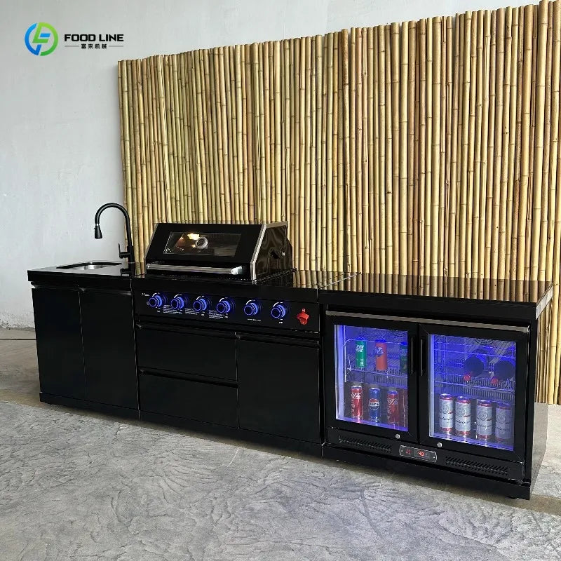 Customized Outdoor Kitchen Stainless Steel BBQ Grill With Sink Refrigerator For Backyard