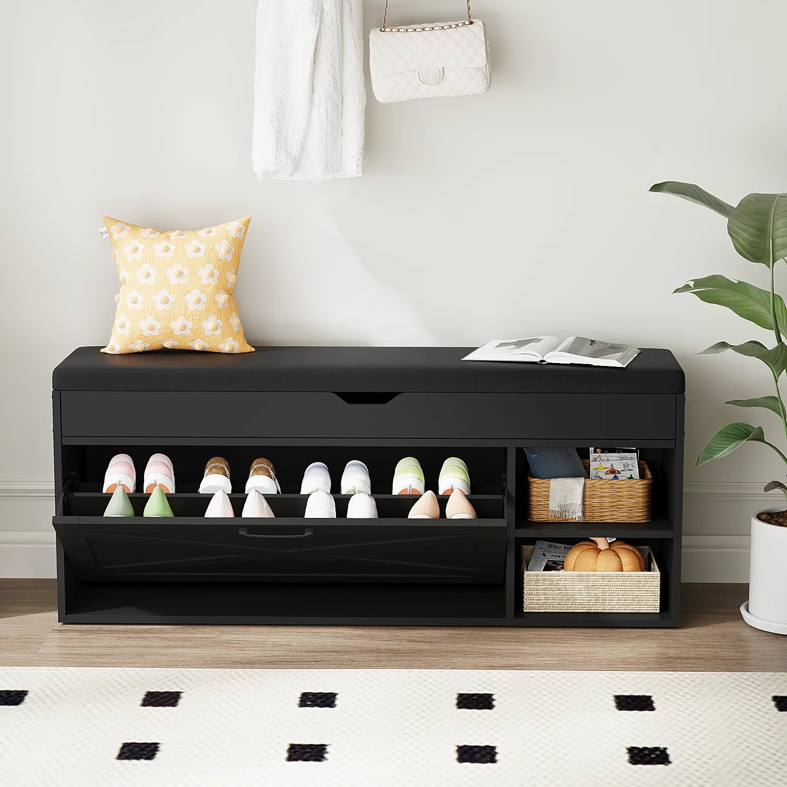 VOWNER Shoe Bench Cabinet with 1 Flip Drawers and 2 Compartments