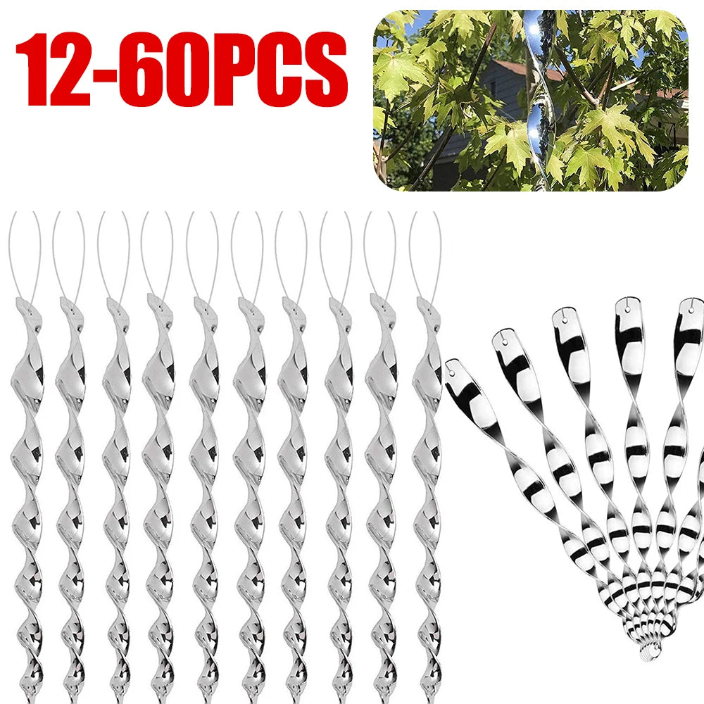 12-60pcs Bird Repellent Reflective Rods 30cm Scare Birds Repeller Wind Spiral Rotating Rod Hanging Ornaments Home Garden Decor