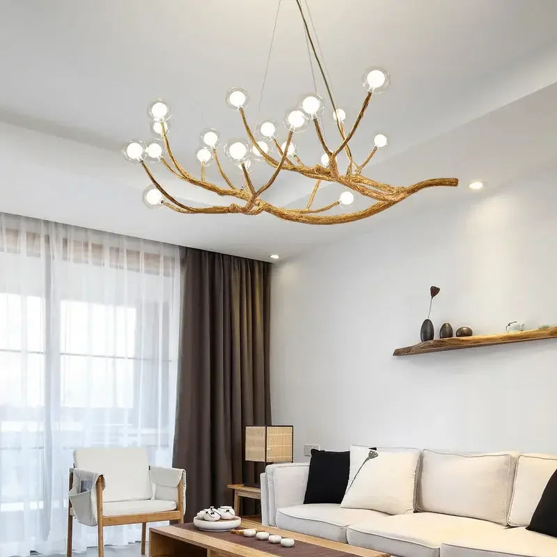 Resin Tree Branch Glass Bubble LED Pendant Chandelier for Retro Home Decor