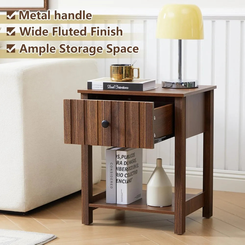 Wood Nightstand, 21.65" H Bedside Table with Wide Fluted Finish, Modern Night Stands with Drawer, Mid Century End Table
