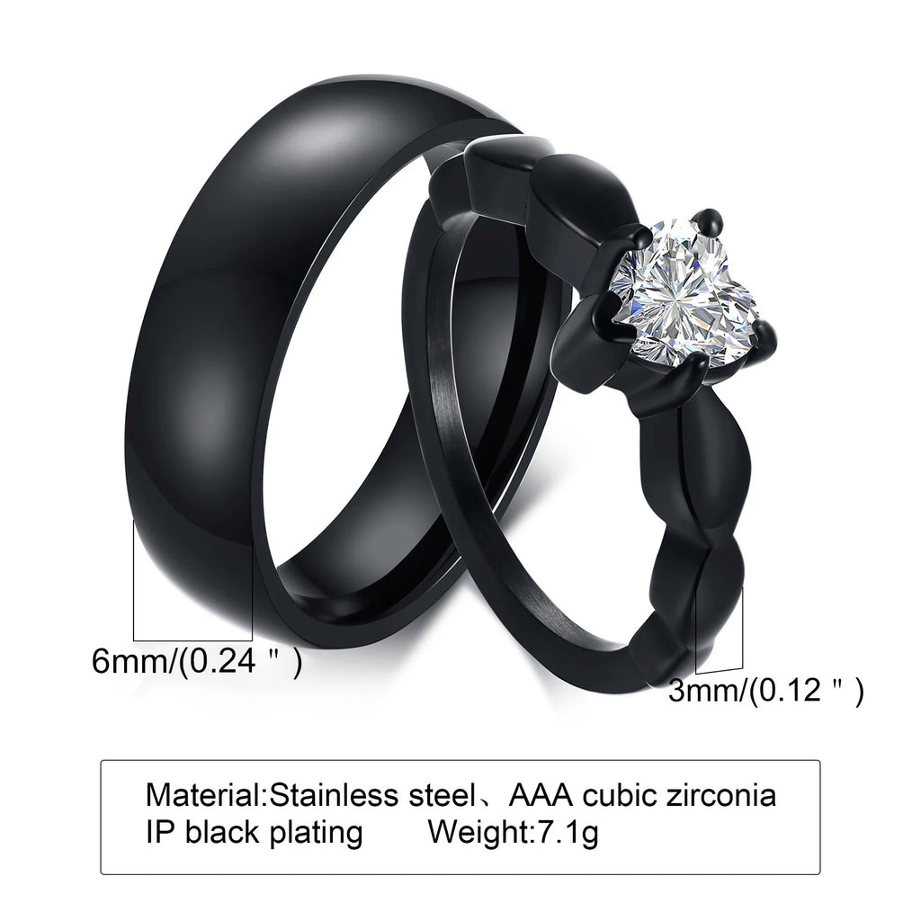 Vnox Romantic Heart CZ Stone Couple Wedding Rings - Black Stainless Steel Engagement Bands for Women & Men | AlluCanFind