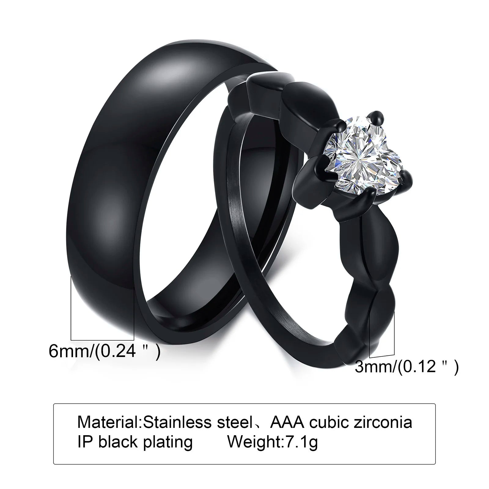 Vnox Romantic Heart CZ Stone Couple Wedding Rings - Black Stainless Steel Engagement Bands for Women & Men | AlluCanFind