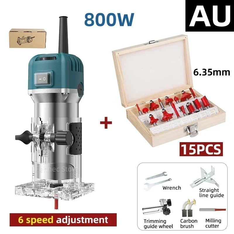 Electric Trimmer Router Woodworking Milling Engraving Slotting Trimming Machine Wood Trimmer Router Tool with 15 PCS Router Bits