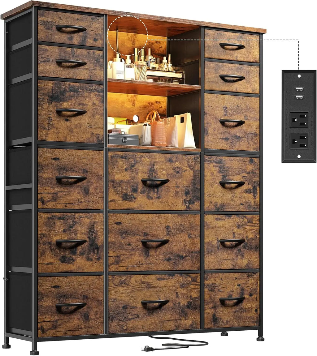 51"H Tall Dresser with 15 Drawers Dresser for Bedroom with Charging Station & LED Lights & Hutch Sturdy Fabric Bedroom Dressers