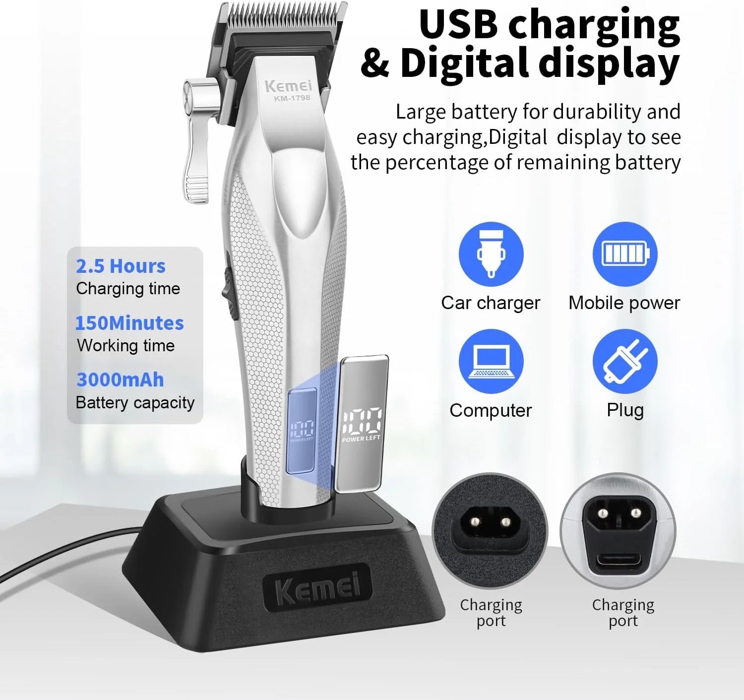 Kemei Barber Professional Hair Clipper and Hair Trimmer Combo Electric Men Zero Gapped Trimmer Fade Finish Hair Cutting Machine