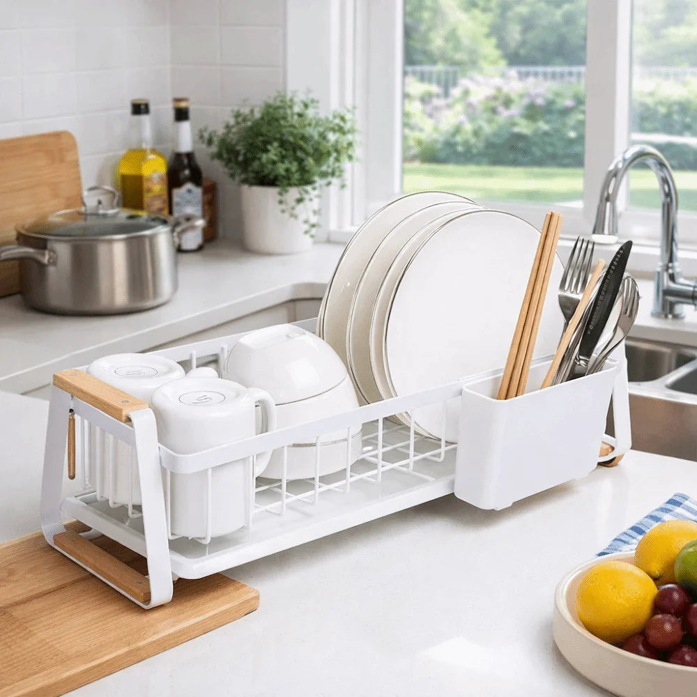 Detachable Kitchen Dish Rack Wooden Handle Metal Frame Kitchen Organizer Large Capacity Dish Drainer Tableware Storage Rack RV