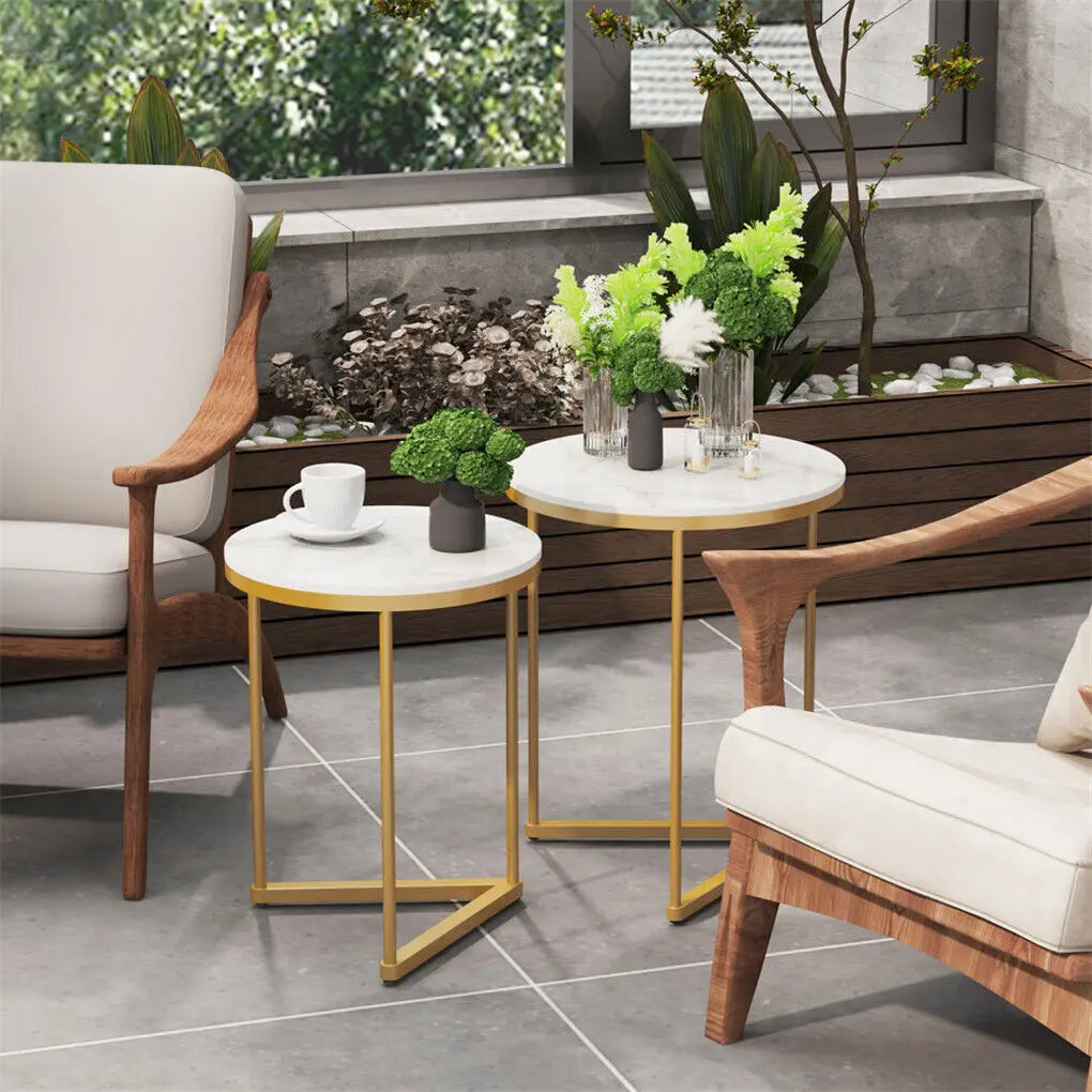 LUVODI Set of 2 Nesting Coffee Side Table Modern Accent End Table Metal Frame Round Sintered Stone Table Top for Living Room