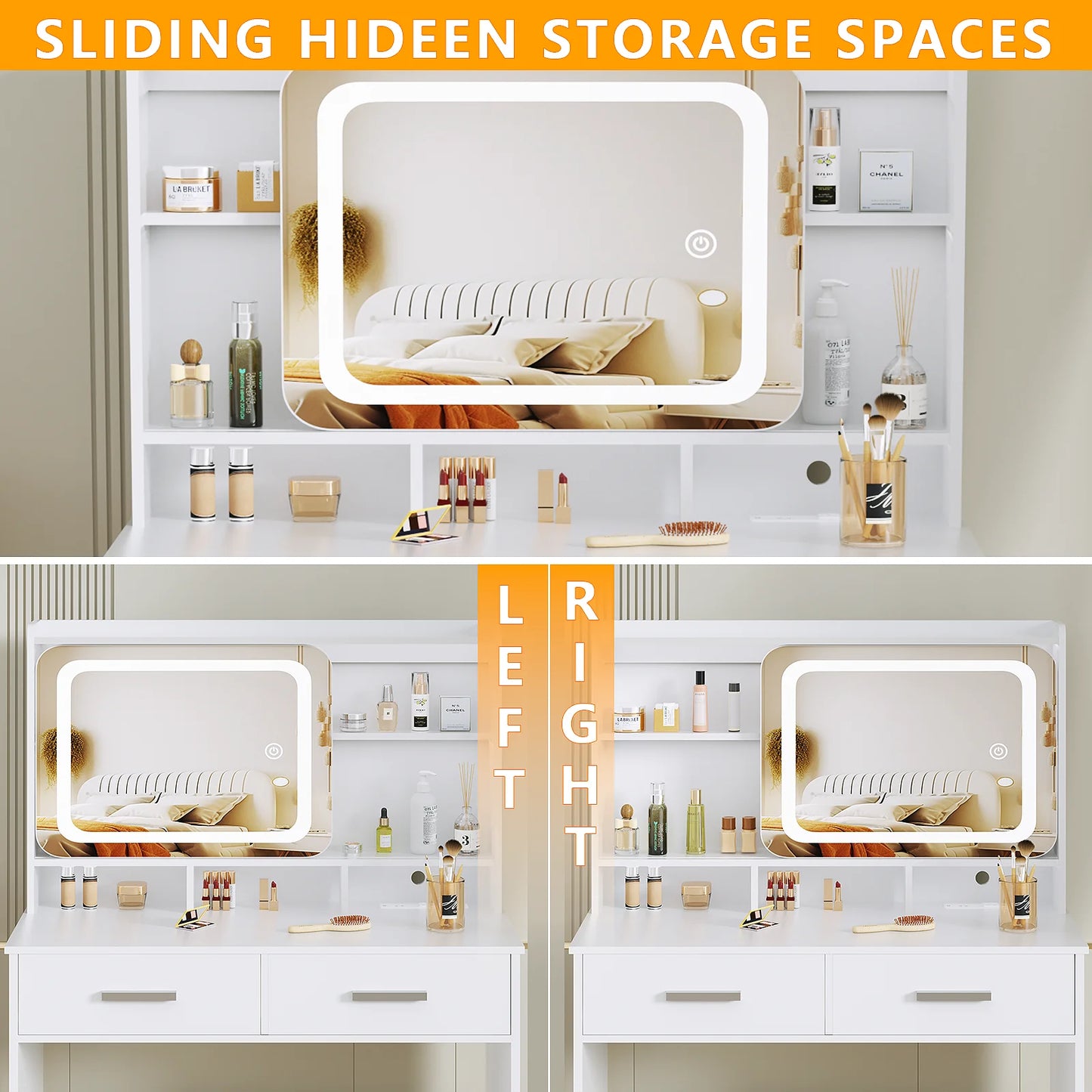 TAYAO White Vanity Desk with LED Lights Mirror Power Outlet and Chair 3 Lighting Modes 2 Drawers, 2 Shelves and Cushioned Stool