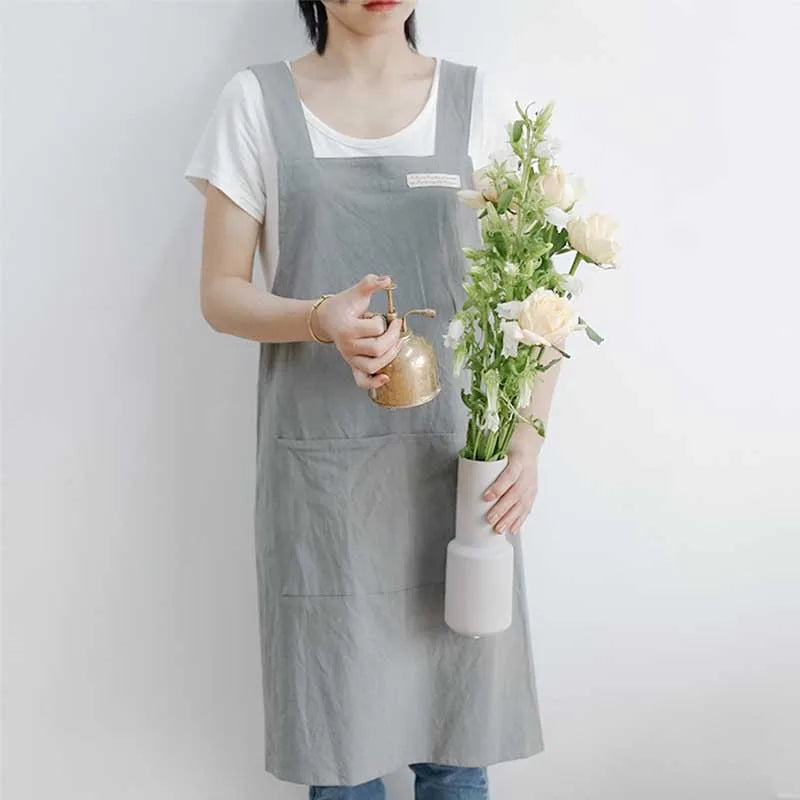 Stain-resistant Cotton Linen Cross-back Kitchen Apron With Pocket Plain Women's Pinafore For Cooking Cleaning Gardening Baking