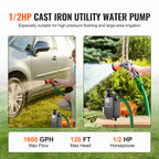 VEVOR Cast Iron Water Transfer Pump 115V AC 1600GPH 1/2HP Portable for Garden, Rain Barrel, Pond, Hot Tub, Aquarium Draining