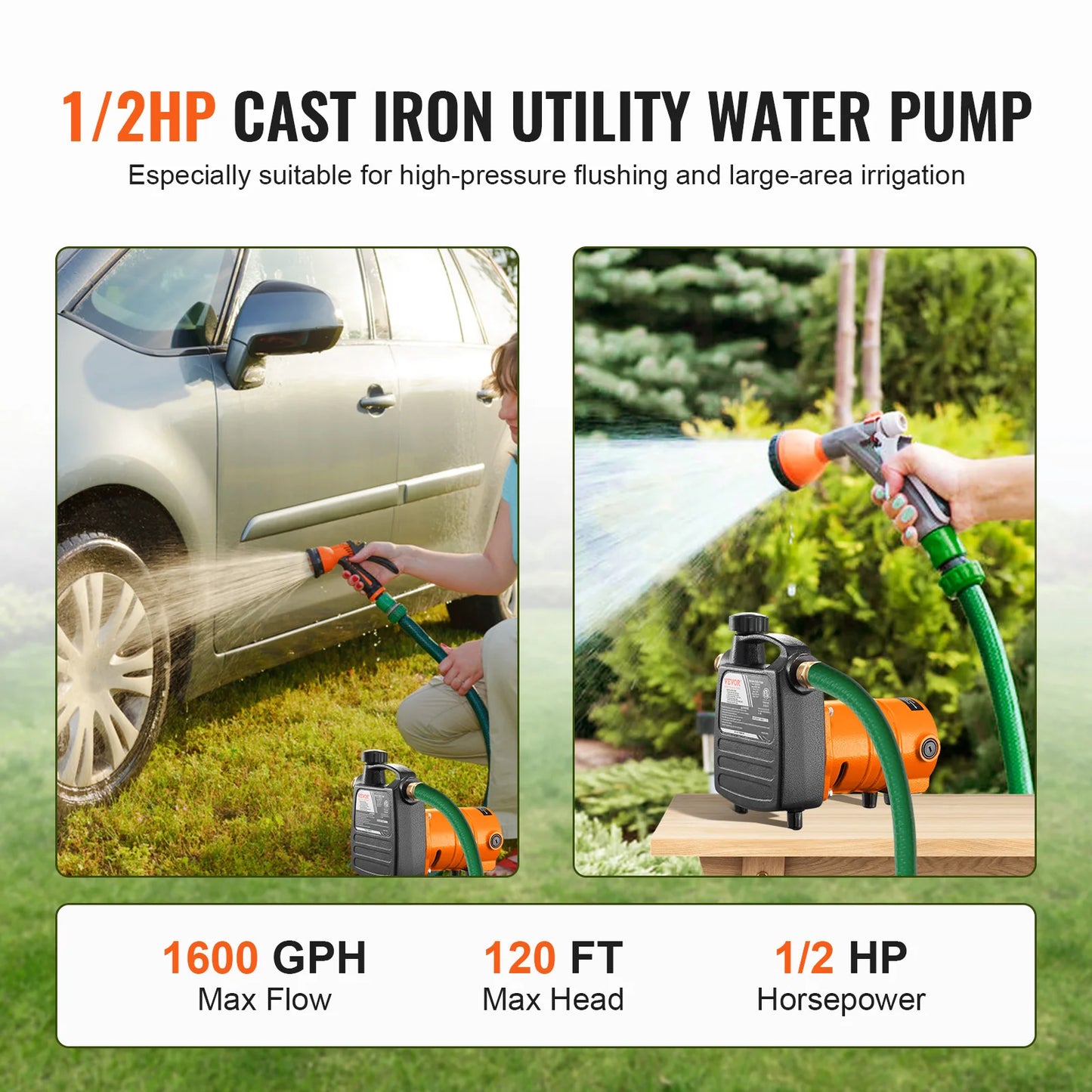 VEVOR Cast Iron Water Transfer Pump 115V AC 1600GPH 1/2HP Portable for Garden, Rain Barrel, Pond, Hot Tub, Aquarium Draining
