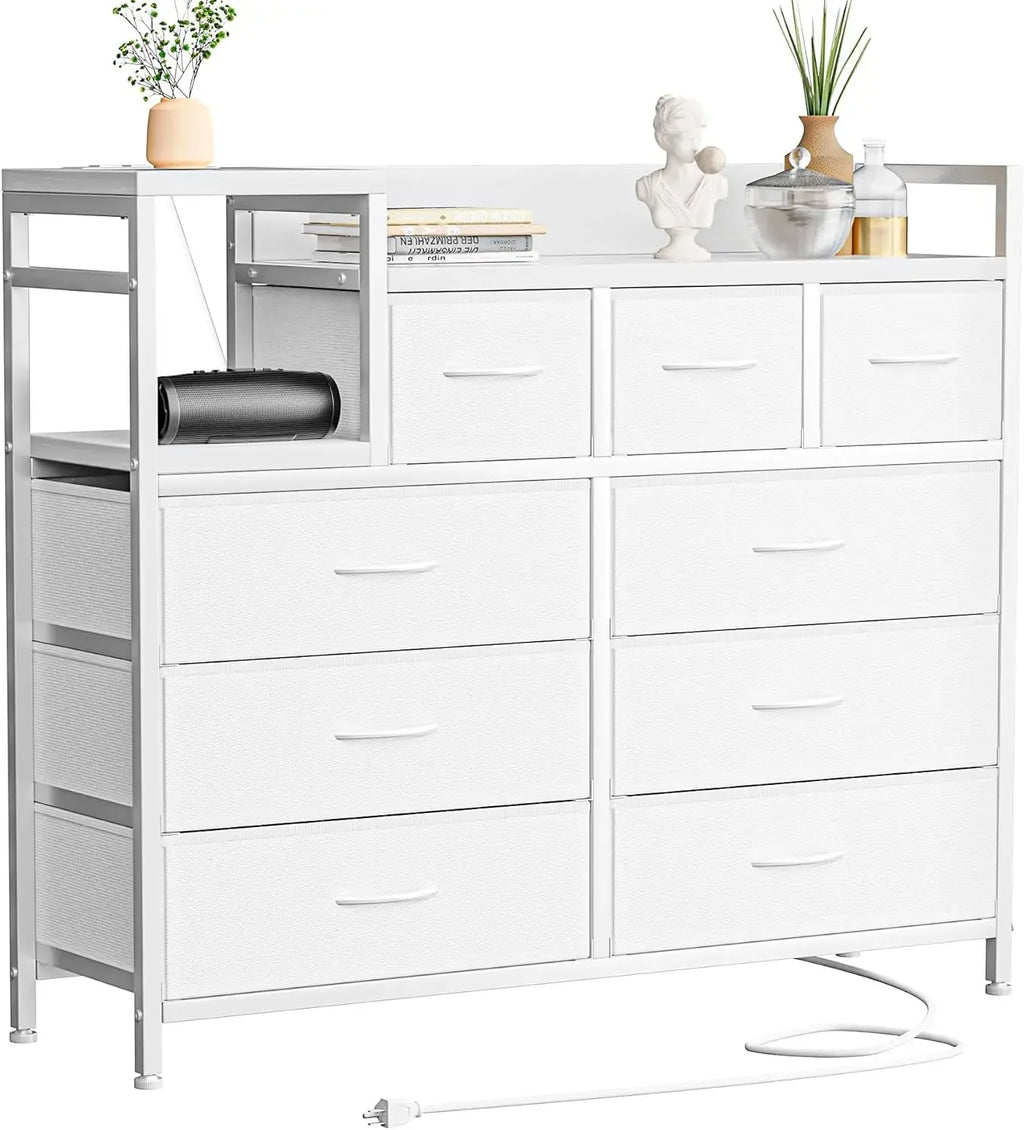 GAOMON Dresser TV Stand with Power Outlet, Bedroom Dresser with 9 Drawers, Chest of Drawers for Living Room, Hallway(White)