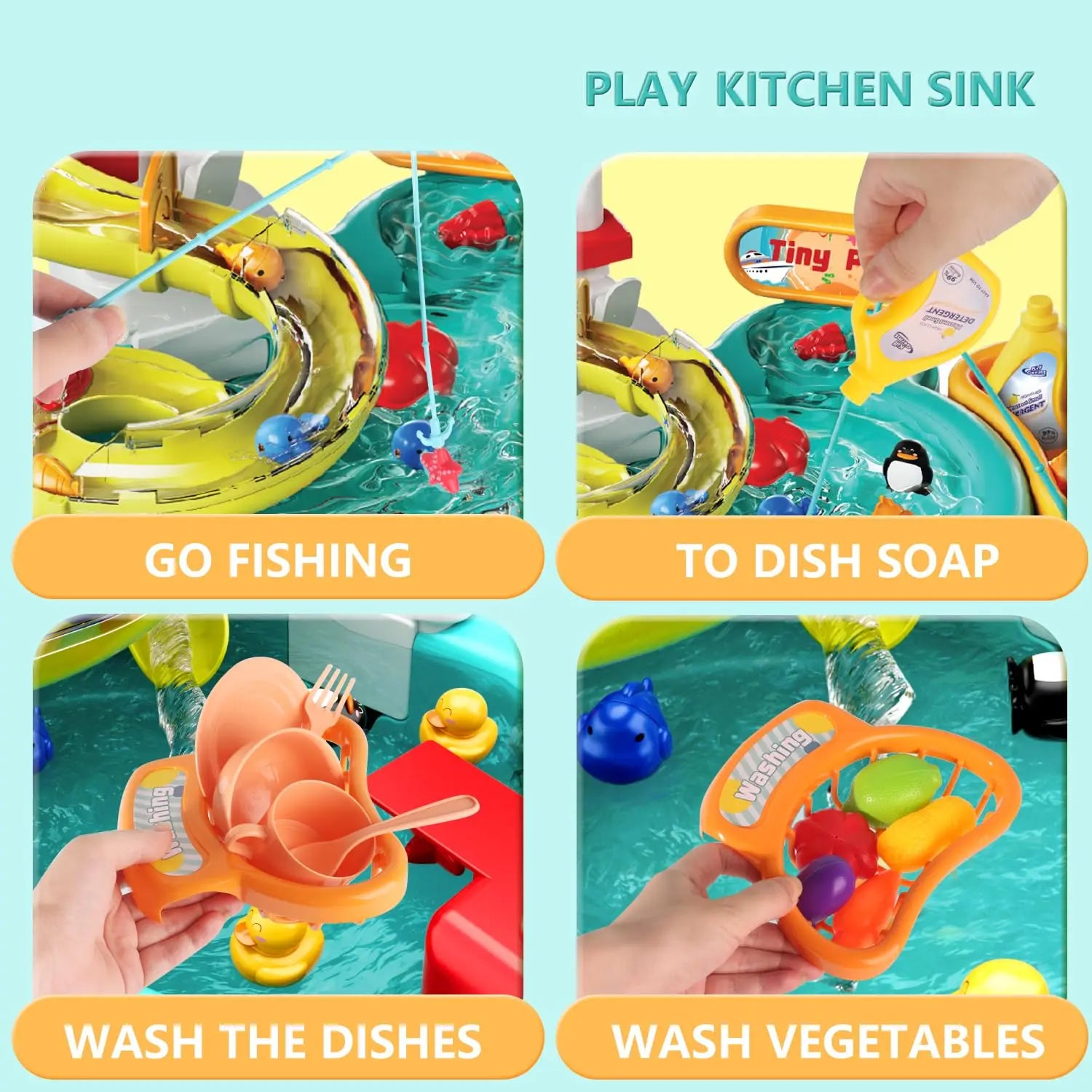 Play Sink with Running Water Toy Kid Dishwashing Basin Interactive Fishing Set Pretend Role Play Game Kitchen Cleaning Food Gift