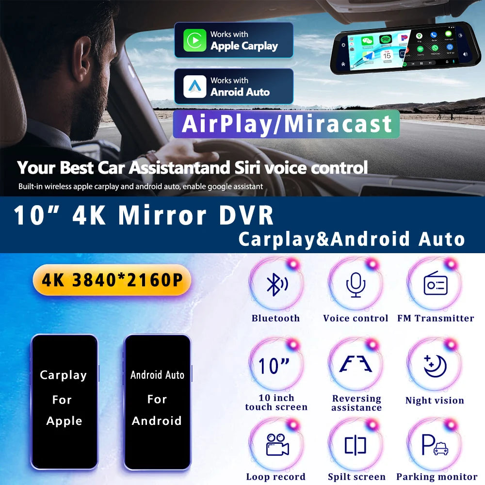 UHD 4K 3840*2160P Car Dvr Carplay Android Auto GPS 5G WIFI AUX Dash Ca