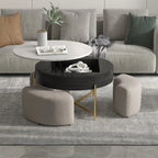 31.5" Round Marbling Pattern Slate Coffee Table with Storage 3 Stools Wood Rustic Boho Lift Top Coffee Table Set for Living Room