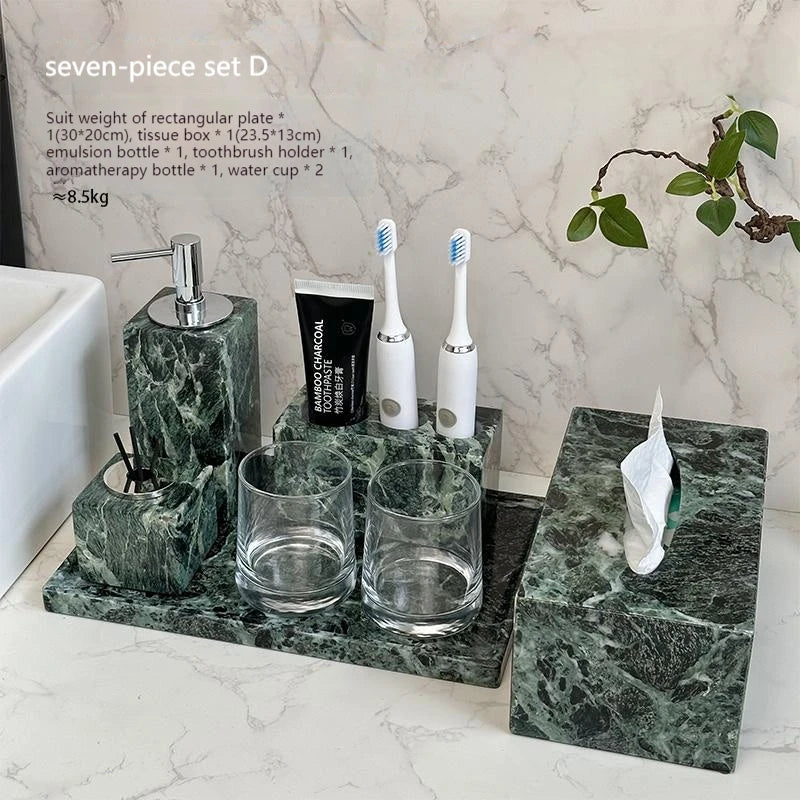 Luxury Marble Bath Set: Shampoo Bottles, Tray & Canister Organizer, Natural Stone Accessories for Home & Hotel Bathroom Decor