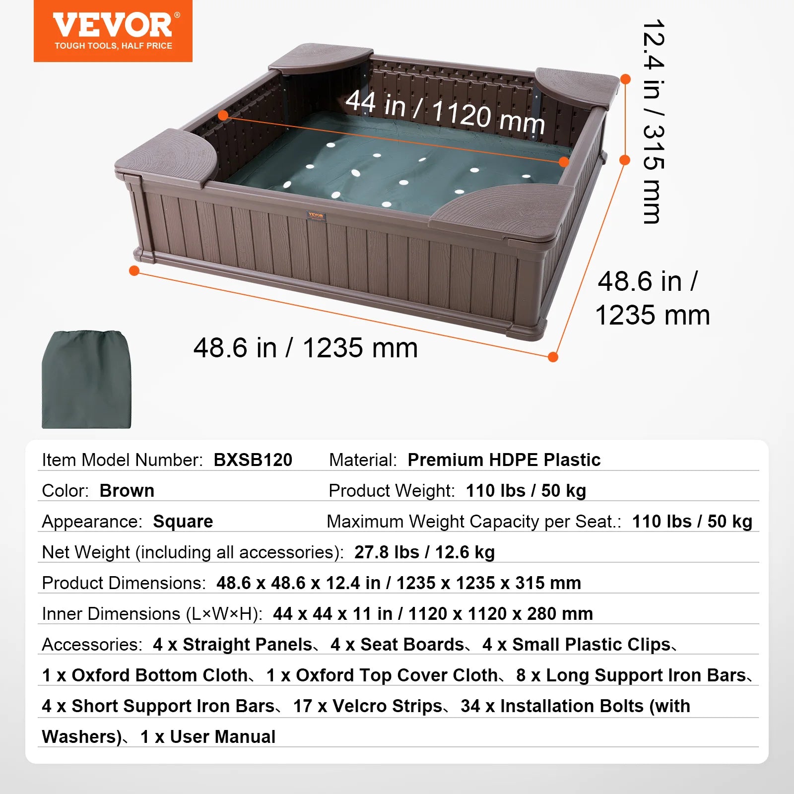 SucceBuy Sandbox with Cover in Square Sand Box Sand Pit with 4 Corner Seating and Bottom Liner Kids Sandbox for Outdoor for Kids
