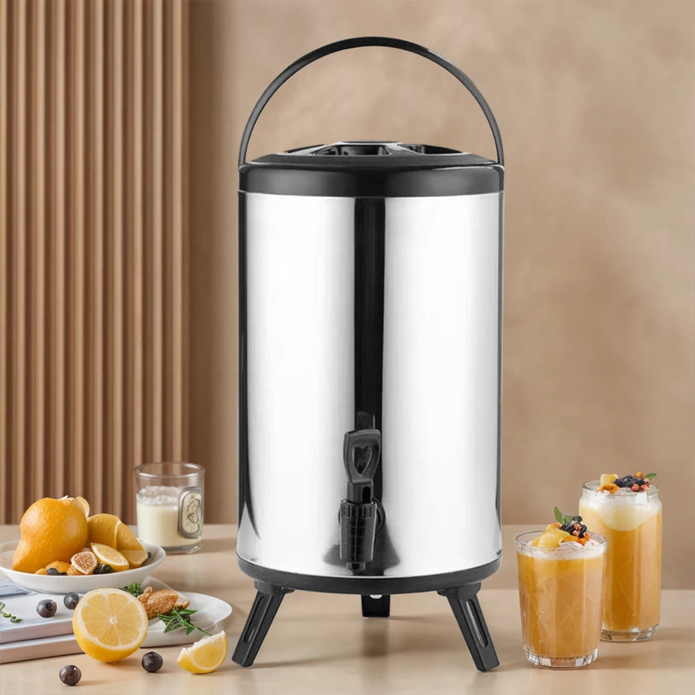 Stainless Steel Double-Layer Container 6L/8L with Faucet Beverage Dispenser Milk Tea Buckets Ideal for Water Milk Tea and Coffee