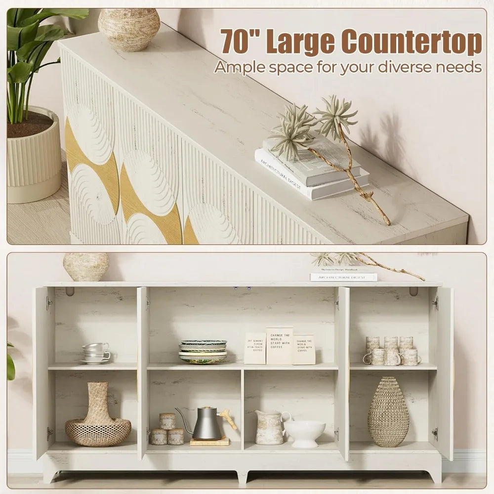 Sideboard Buffet Cabinet with Storage, 70'' Large Modern Fluted Sideboards, Boho Accent Credenza Storage Cabinet for Living Room