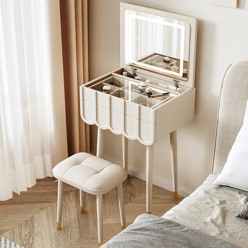 French Foldable Cover Dressing Table Simple Mini Storage Makeup Vanity Table with Mirror Modern Dressers for Bedroom Furniture