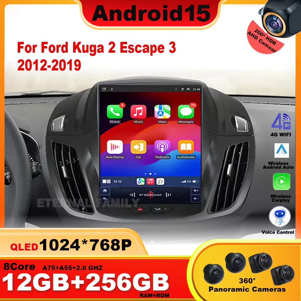 Wireless Android 15 Carplay For Ford Kuga 2 Escape 3 2012-2019 9.7 Inch Tesla Style Car Multimedia Player 5G Wifi Touch Display