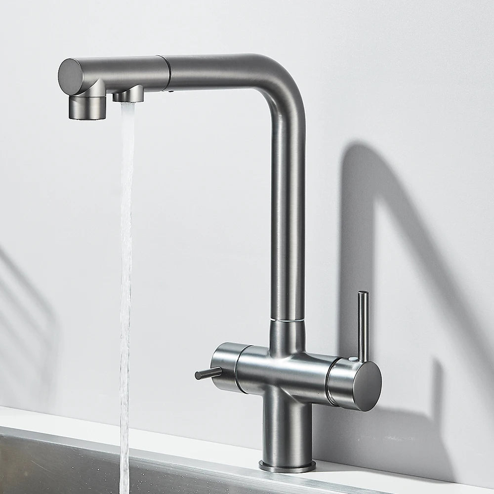 Filtered Kitchen Sink Faucet Pull Out Spray 360 Rotation Water Filter Tap Dual Sprayer Drinking Water Tap Vessel Sink Mixer
