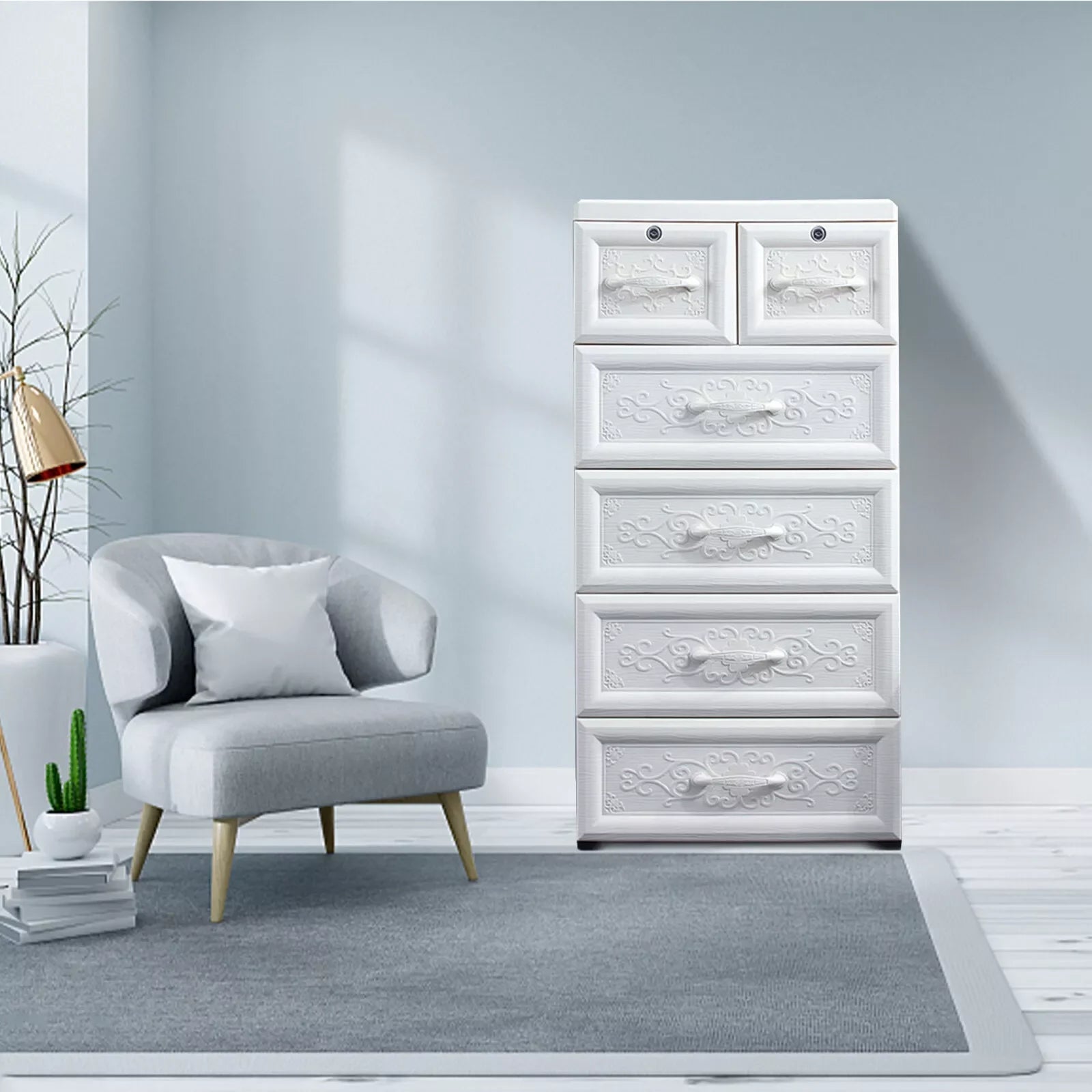 5 Layers Storage Cabinets, 6 Drawer Moveable Cabinet, Modern Storage Organizer, White