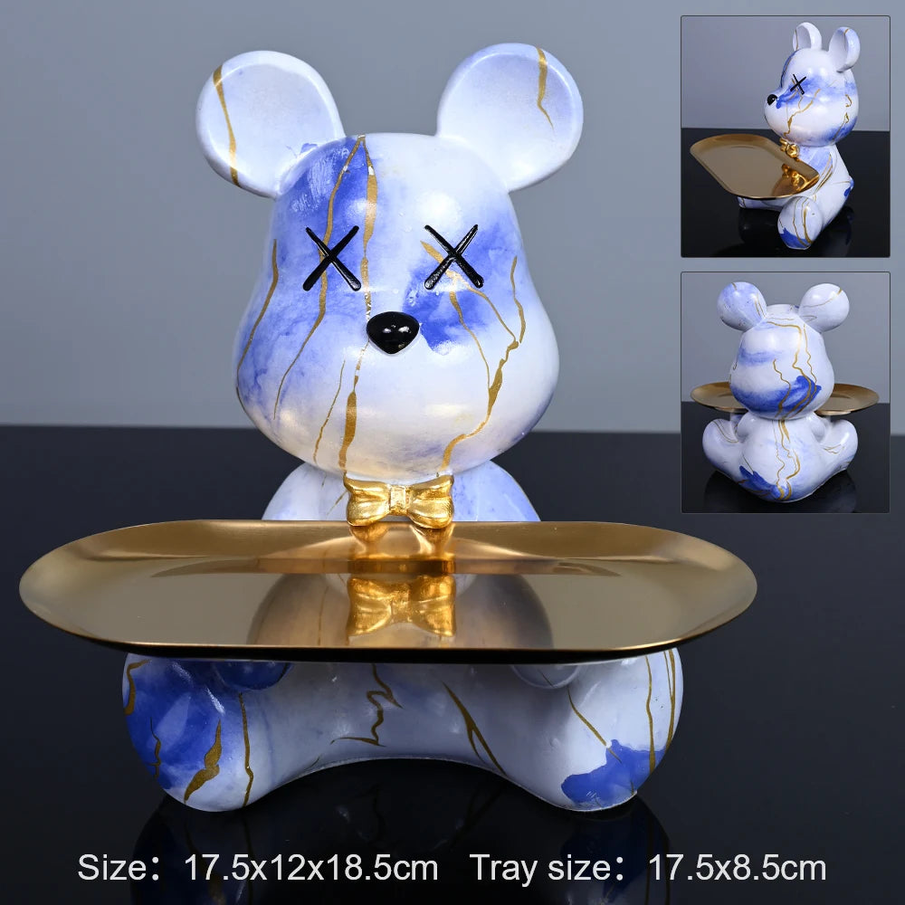 Interior Resin Colorful Bear with Tray for Keys Holder Table Decoration Accessories Animal Figurine Decorative Statues Home Gift