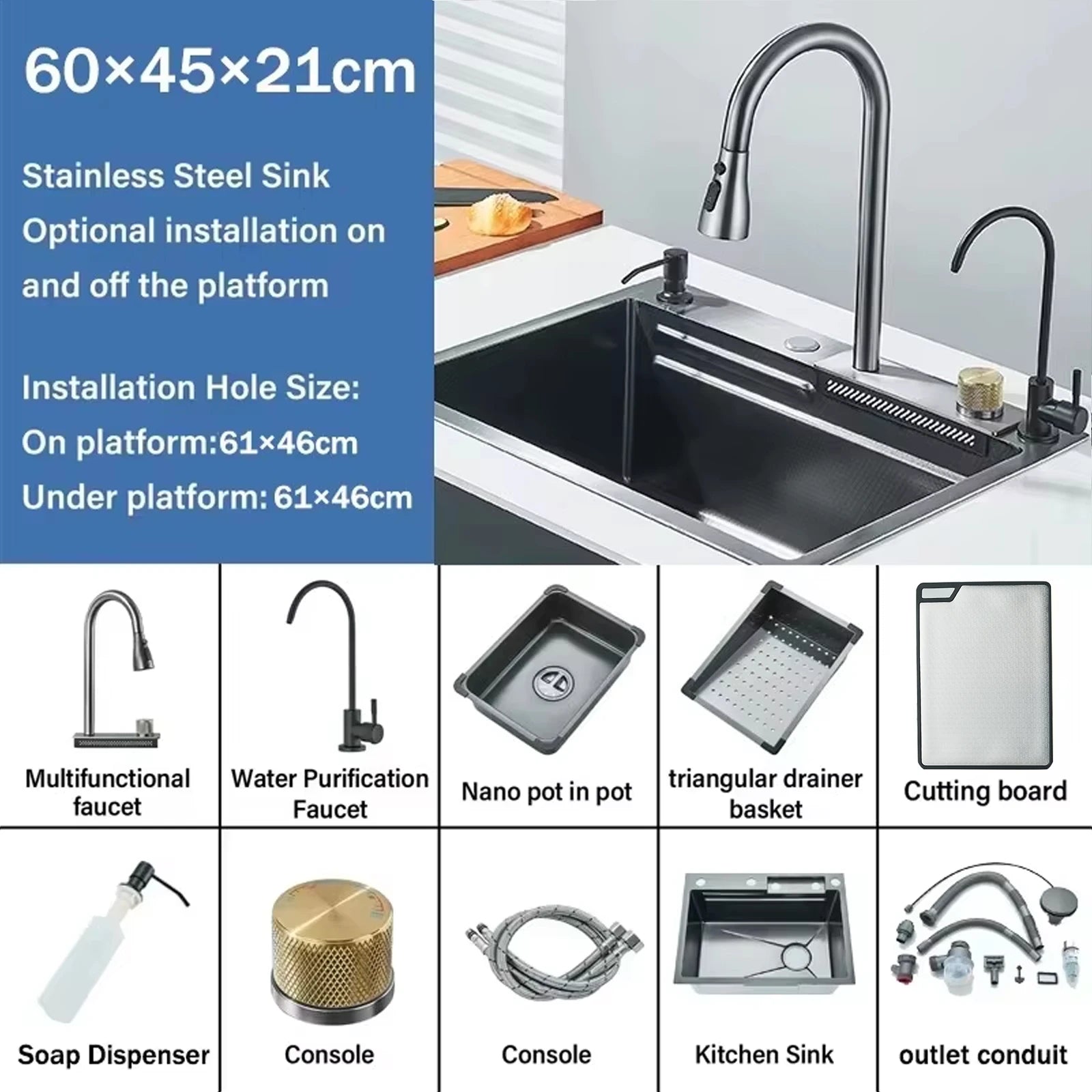 304 Stainless Steel Waterfall Kitchen Sink Sink Large Single basin With Large Single Slot Sink Above Counter With Cup Disher