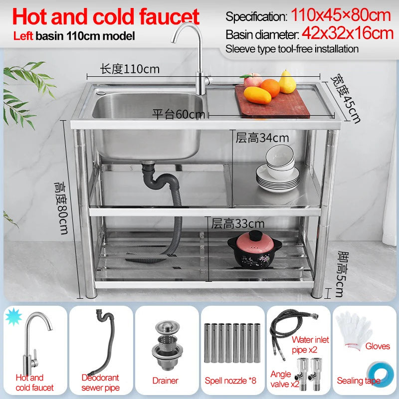 Stainless Steel Sink Kitchen Household Thickened Single Trough with Bracket Wash Basin Sink with Platform Easy Landing