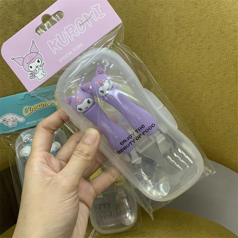 Cartoon Hello Kitty Children's Portable Tableware Anime Cinnamoroll My Melody Kuromi 304 Stainless Steel Fork and Spoon Set