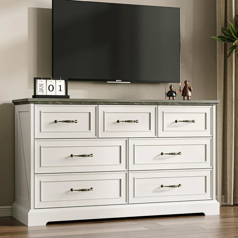 Farmhouse 7 Drawers Dresser for Bedroom, 48" Wide Modern Chest of Drawers with Deep Drawers & Bar Handles, Rustic Wood Dresser T